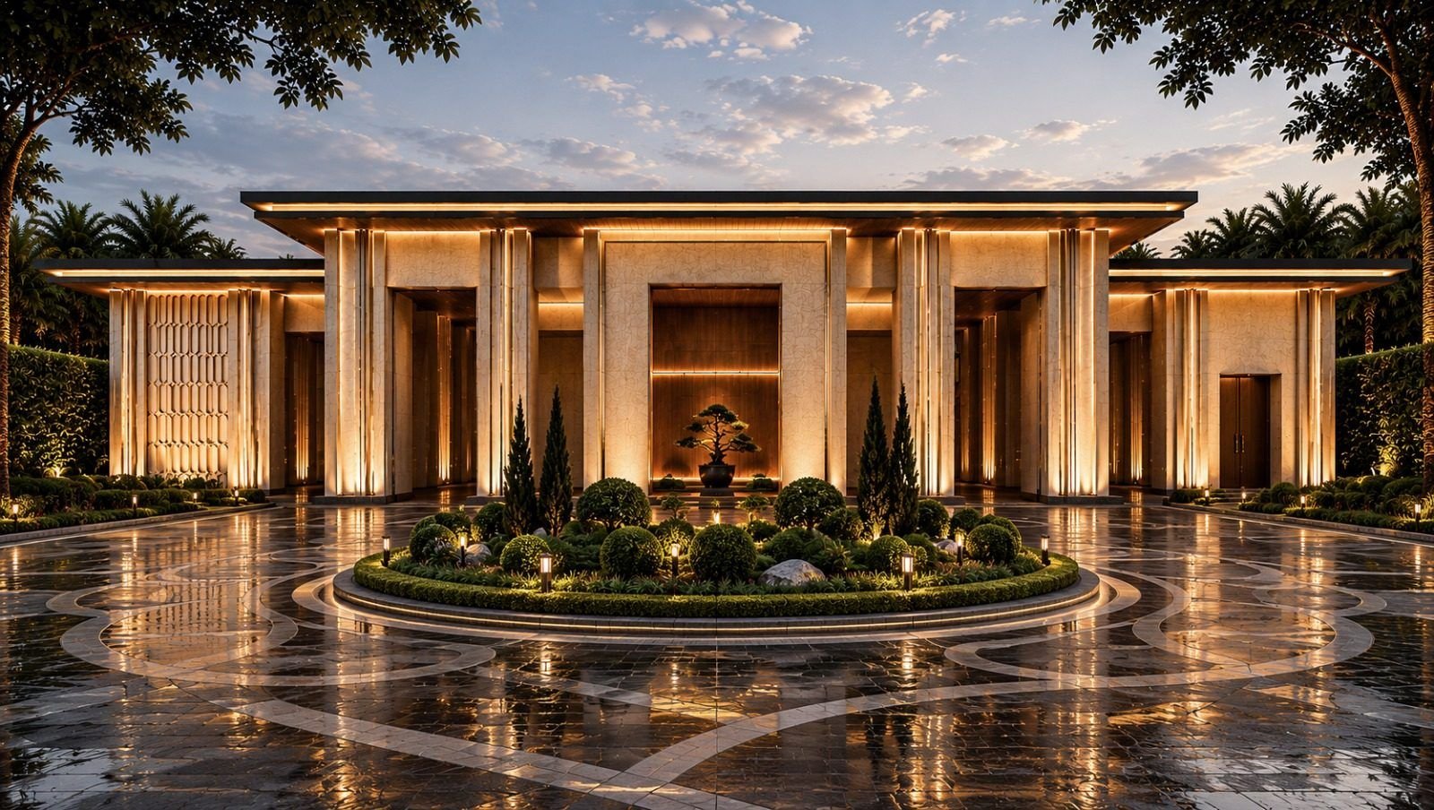 Riverwood Estate grand entrance facade at dusk
