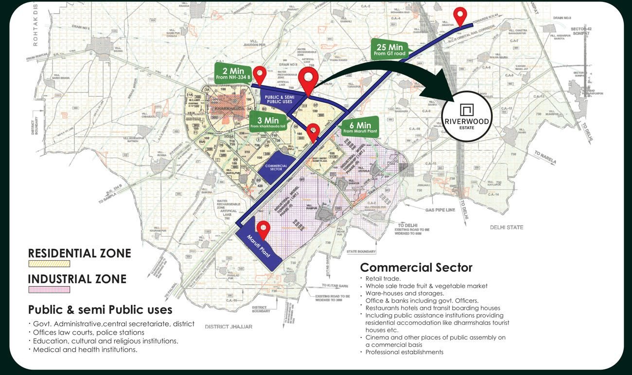 Kharkhauda government master plan showing Riverwood Estate's position relative to the residential, commercial, and industrial zones